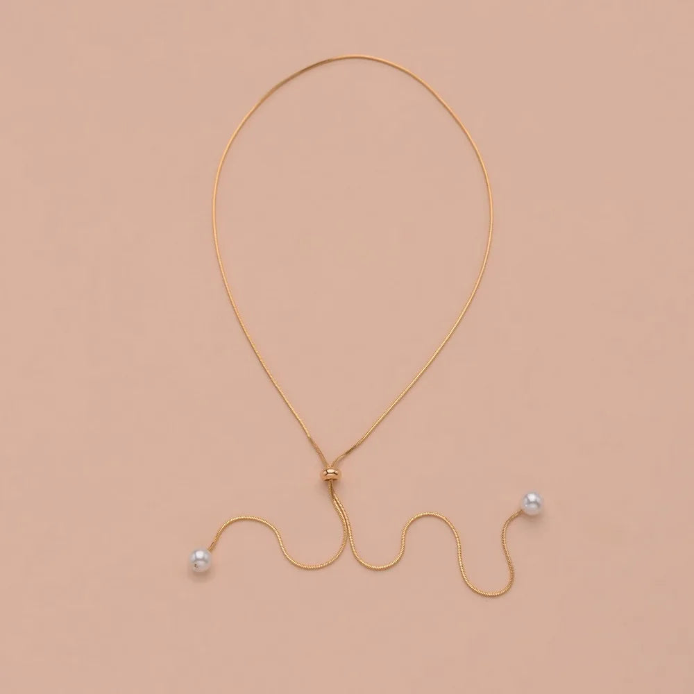 Simple Pearl Tassel Necklace Silver Tone Adjustable Clavicle Chain