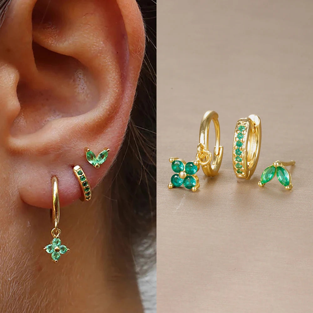 3PCS Flower Drop Earrings Set Zircon Stainless Steel Women