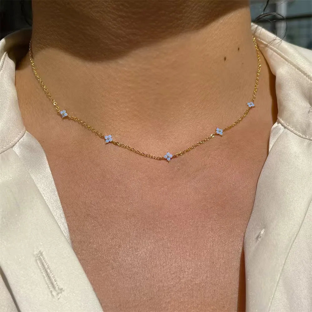 18K Gold Zircon Four Leaf Clover Necklace Stainless Steel Luxury