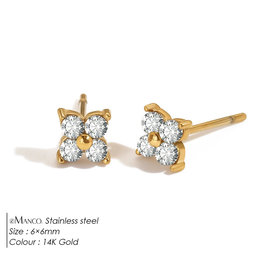 eManco Clover Black Gemstone Stud Earrings Stainless Steel Elegant