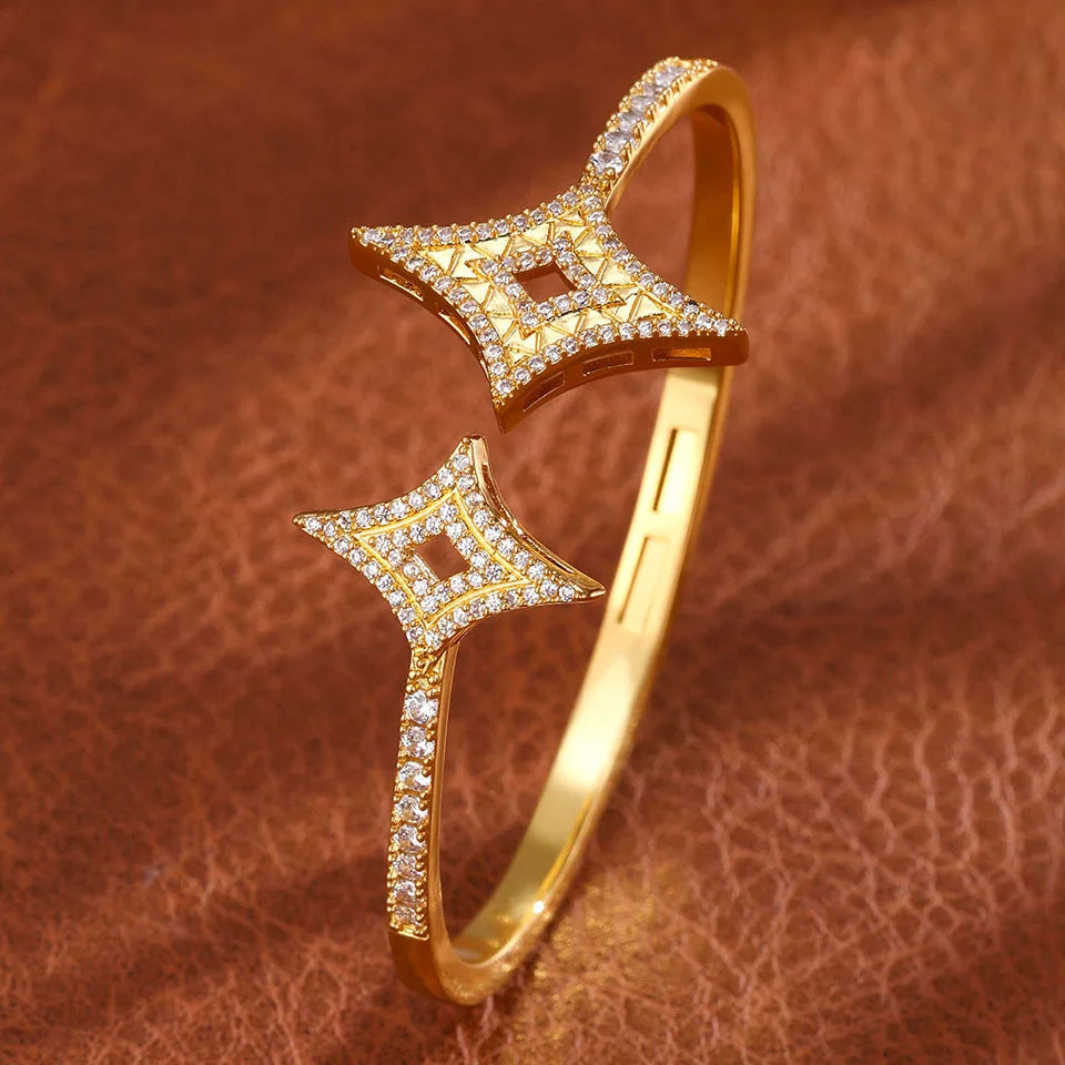 Elegant Gold Color Geometric Bangle with Sparkling Zircon Detail
