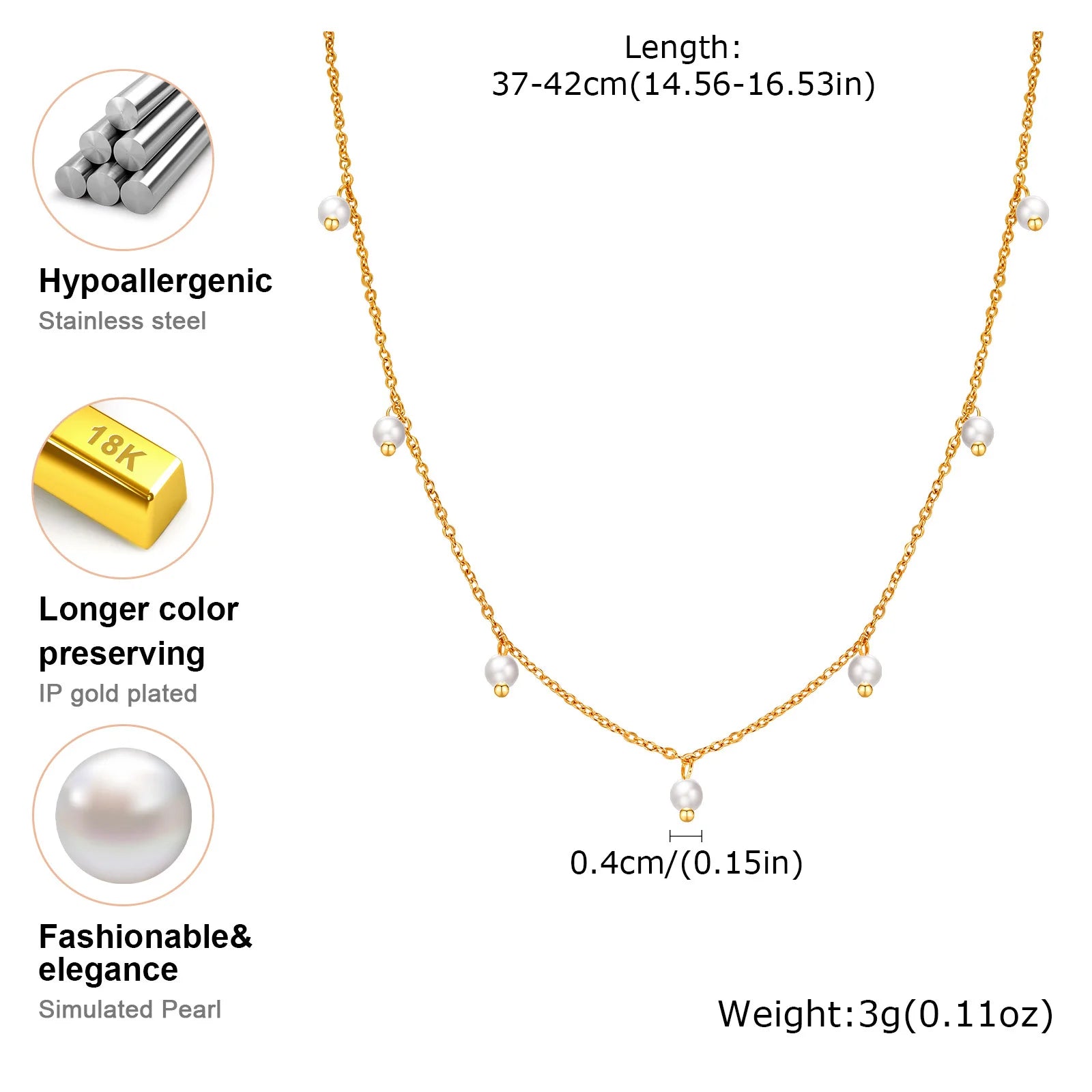 Pearl Choker Necklace 18K Gold Plated Stainless Steel Adjustable