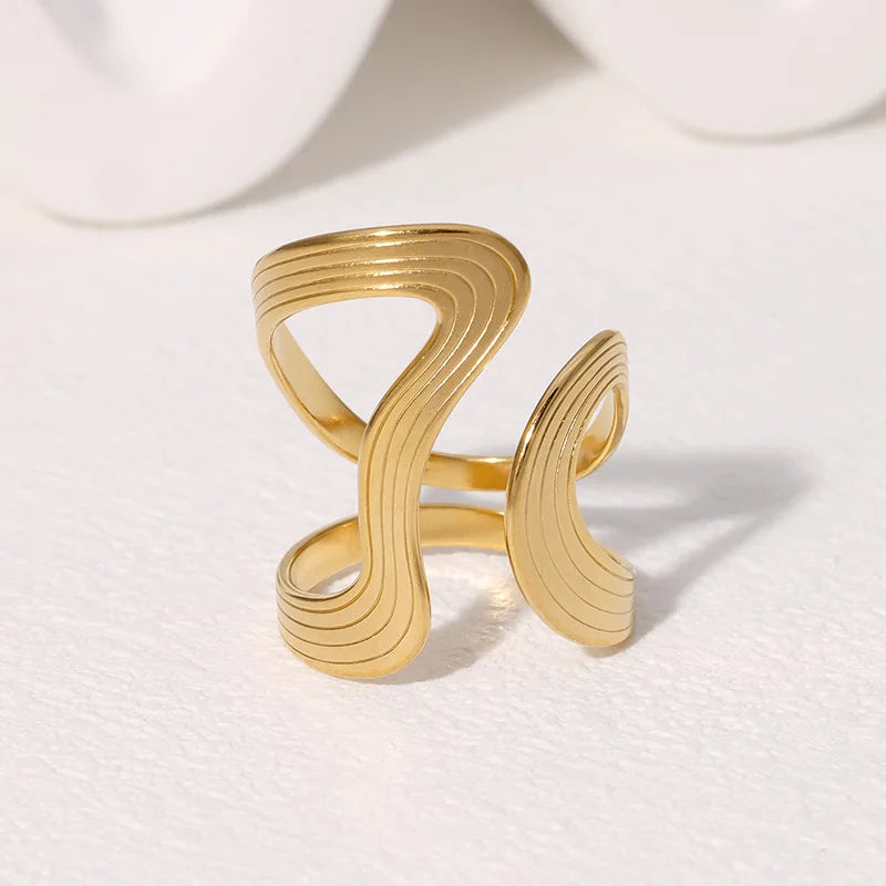 Stylish Irregular Wave Ring Adjustable Gold Tone Statement Ring