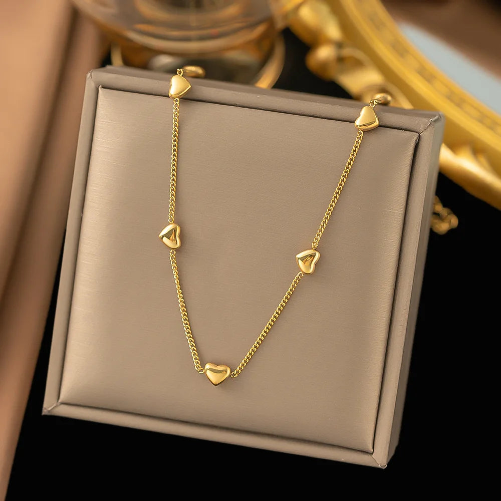 316L Stainless Steel Heart Charm Necklace Bracelet Set Waterproof