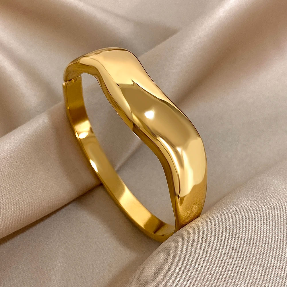 Chunky Gold Geometric Wave Cuff Bracelet Stainless Steel Waterproof
