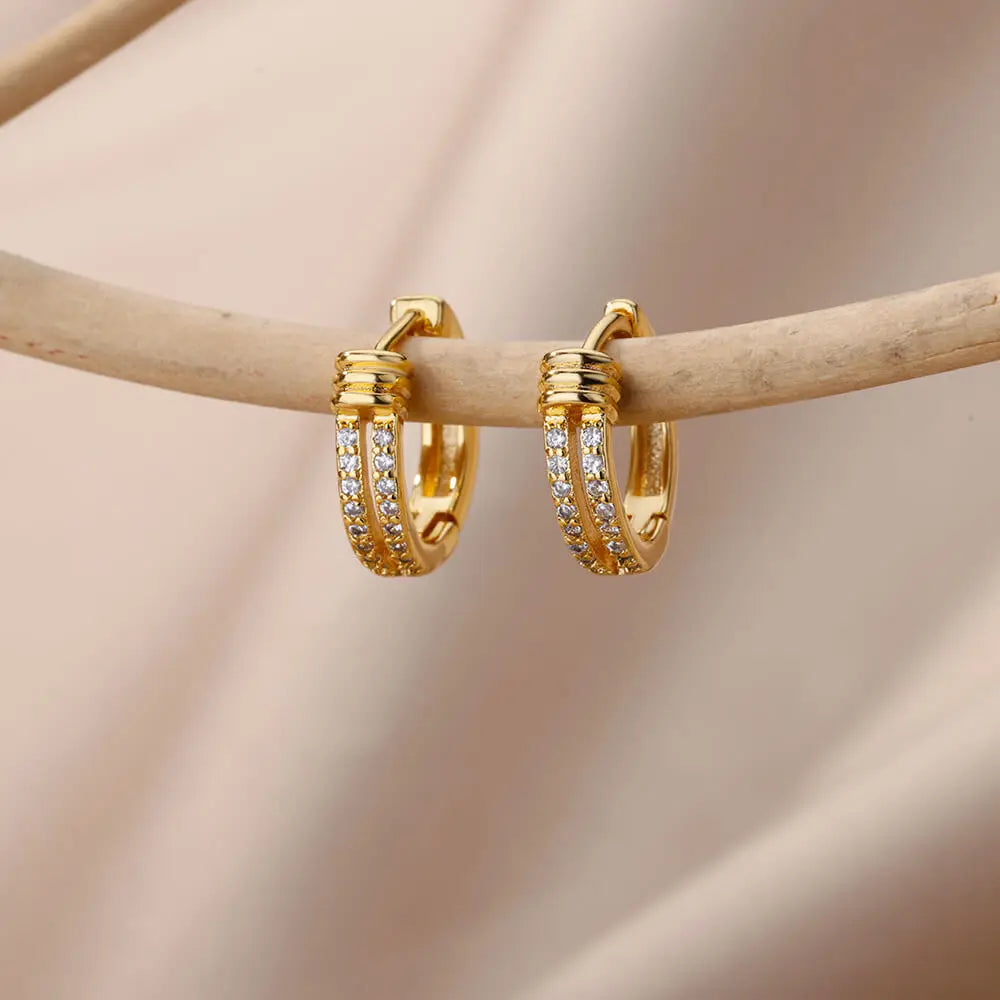 Elegant Small Gold Tone Earrings Square and Round Stainless Steel
