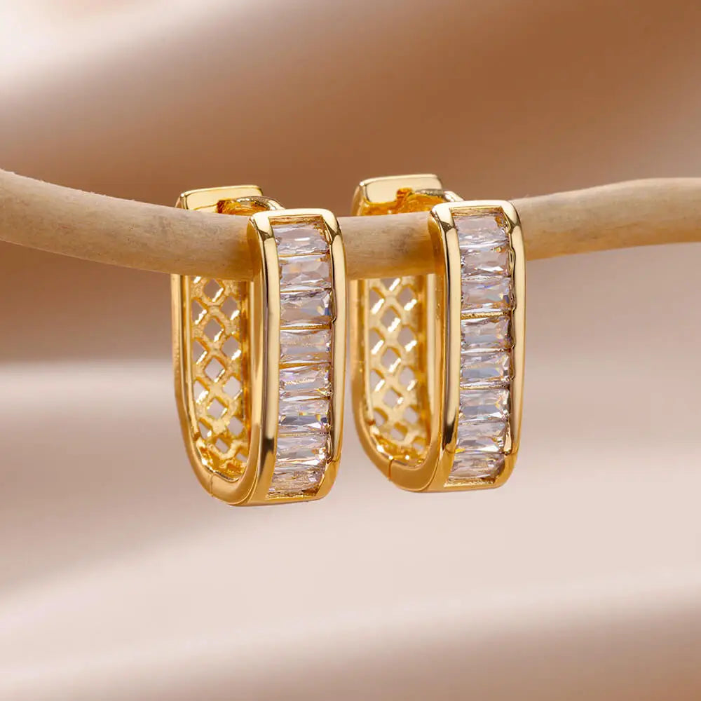 Elegant Zircon Hoop Earrings Circle Square Gold Tone Jewelry