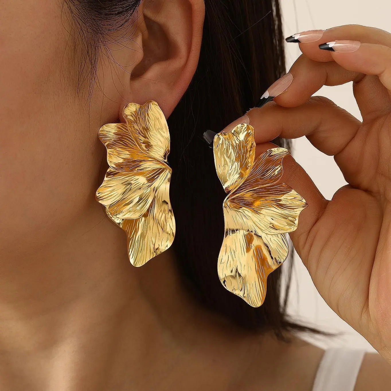 Gold Double Layer Flower Dangle Earrings Stainless Steel Vintage