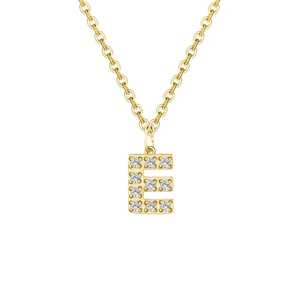 Gold Zircon Initial Necklace A-Z Stainless Steel Letter Pendant Women