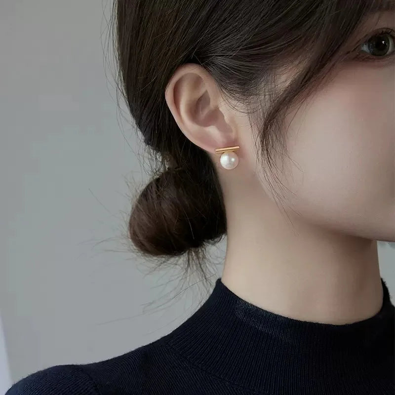 Simple Pearl Stud Earrings Gold Alloy Acrylic Beads Women Jewelry