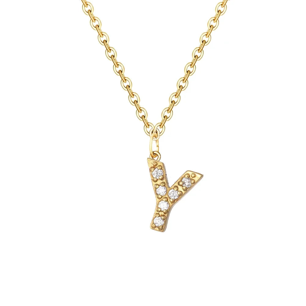 Gold Zircon Initial Necklace A-Z Stainless Steel Letter Pendant Women