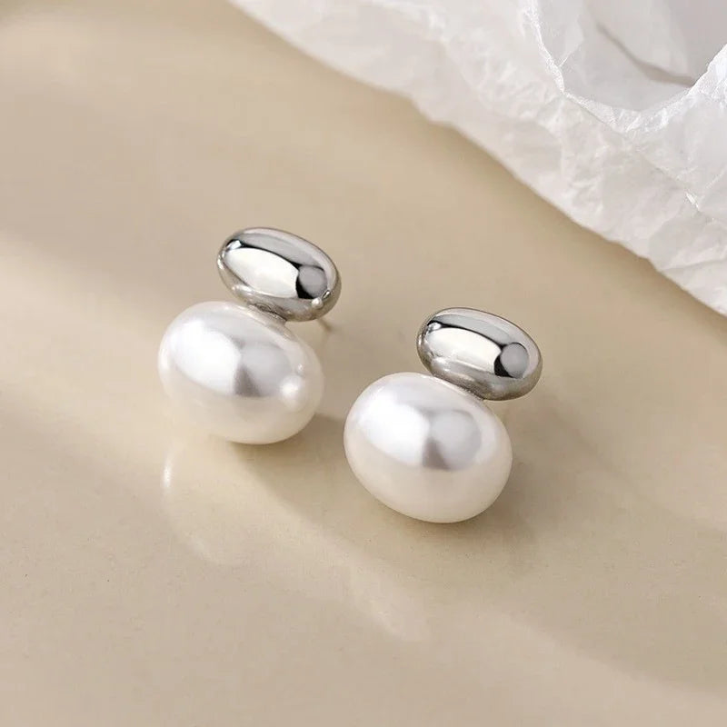 French Gold Bean Pearl Earrings Elegant Korean Style Women Jewelry