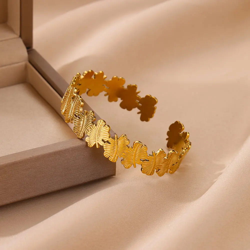 Gold Flower Cuff Bracelet Stainless Steel Floral Bangle for Women