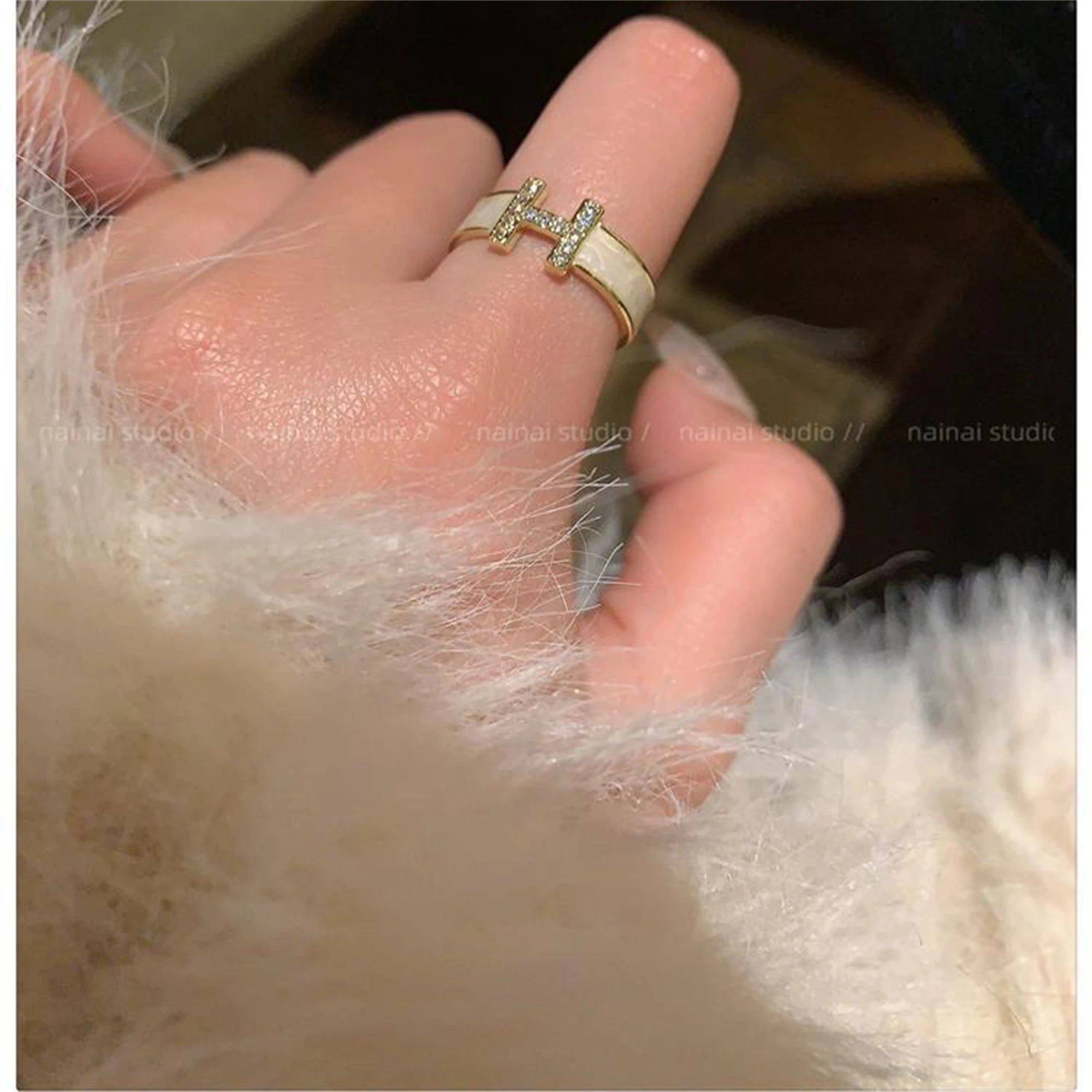 Elegant H Letter Ring Enamel Zircon Open Adjustable Women