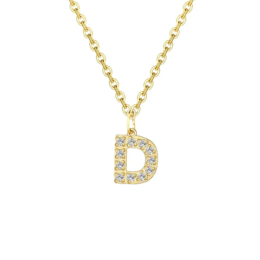 Gold Zircon Initial Necklace A-Z Stainless Steel Letter Pendant Women