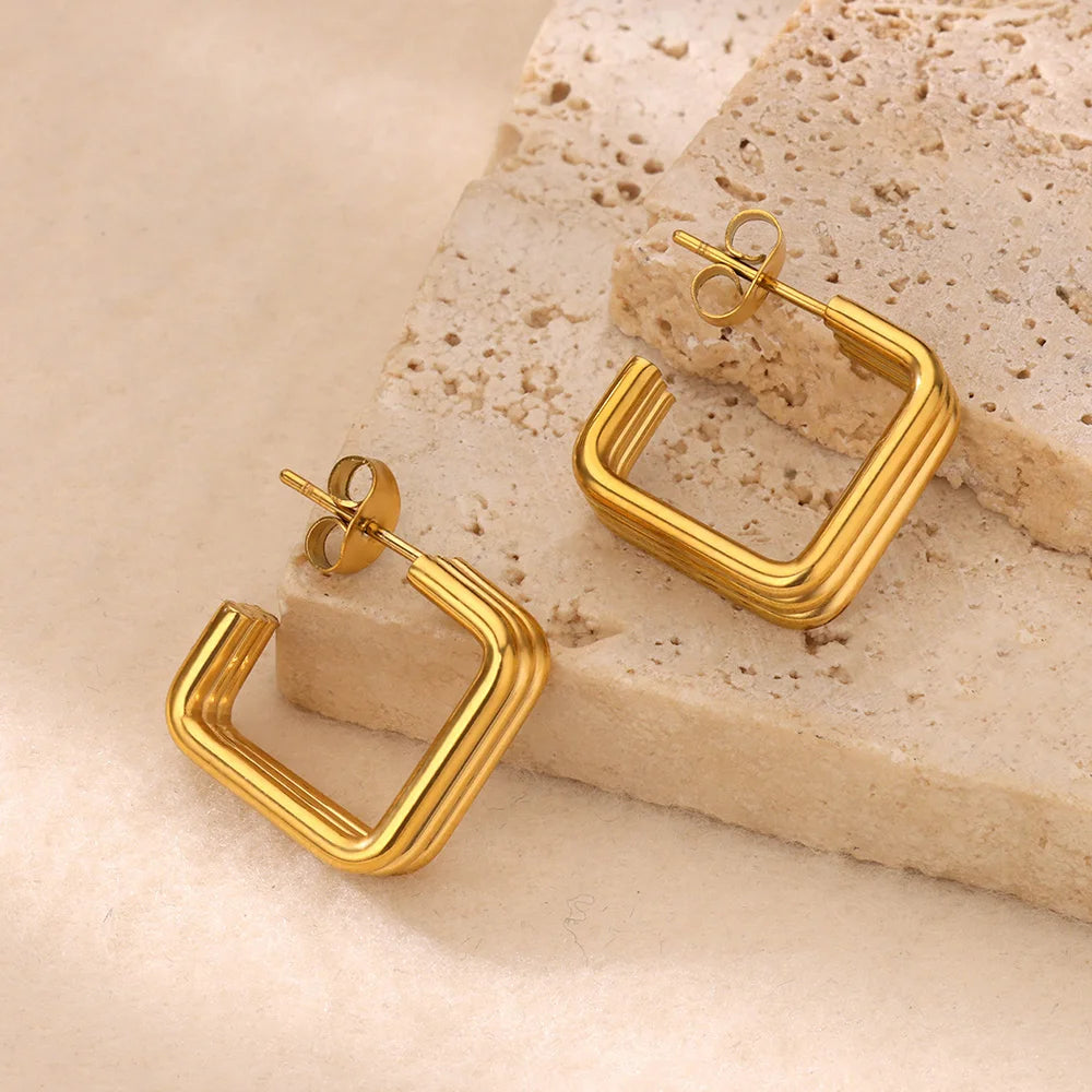 Elegant Square Earrings Gold Color Stainless Steel Stud Jewelry