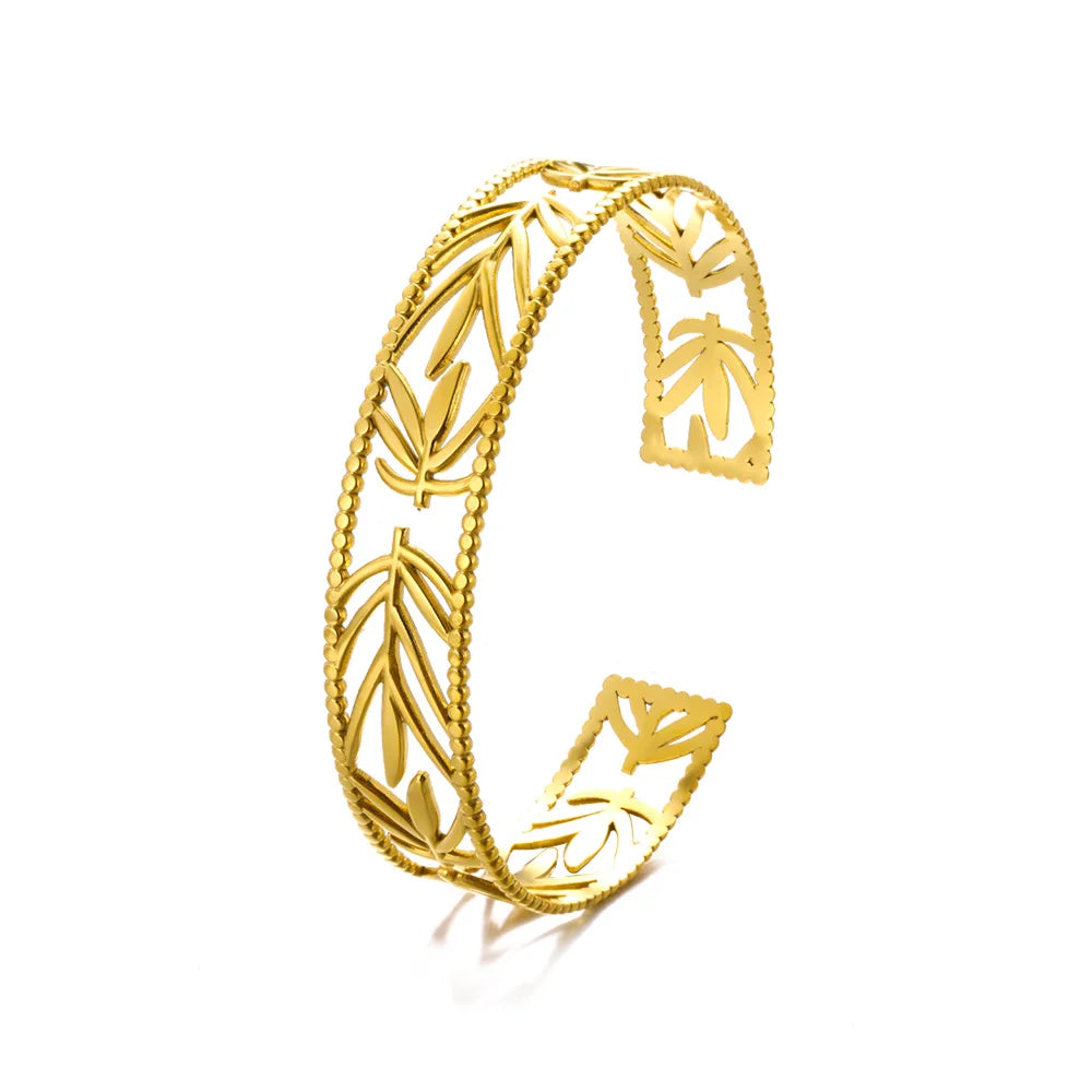 Gold Flower Cuff Bracelet Stainless Steel Floral Bangle for Women