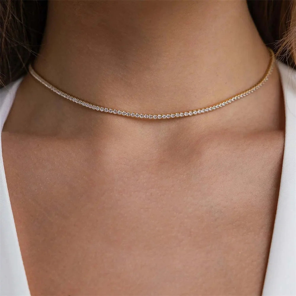 Elegant Tennis Choker Necklace Zircon Gold Silver Women Chain