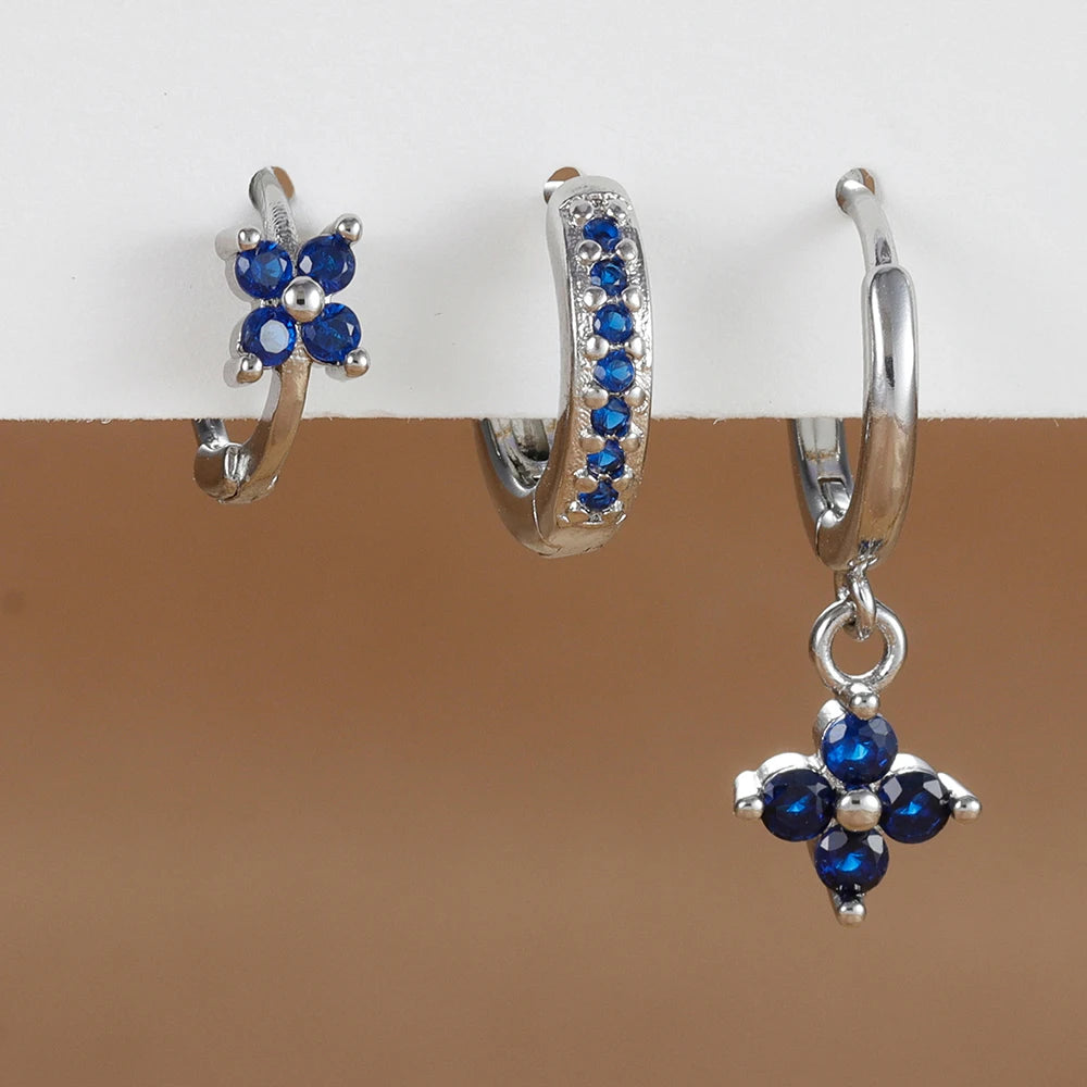 3PCS Flower Drop Earrings Set Zircon Stainless Steel Women