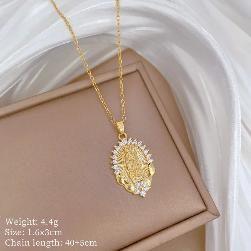 Religious Virgin Mary Flower Pendant Necklace Zircon Chain