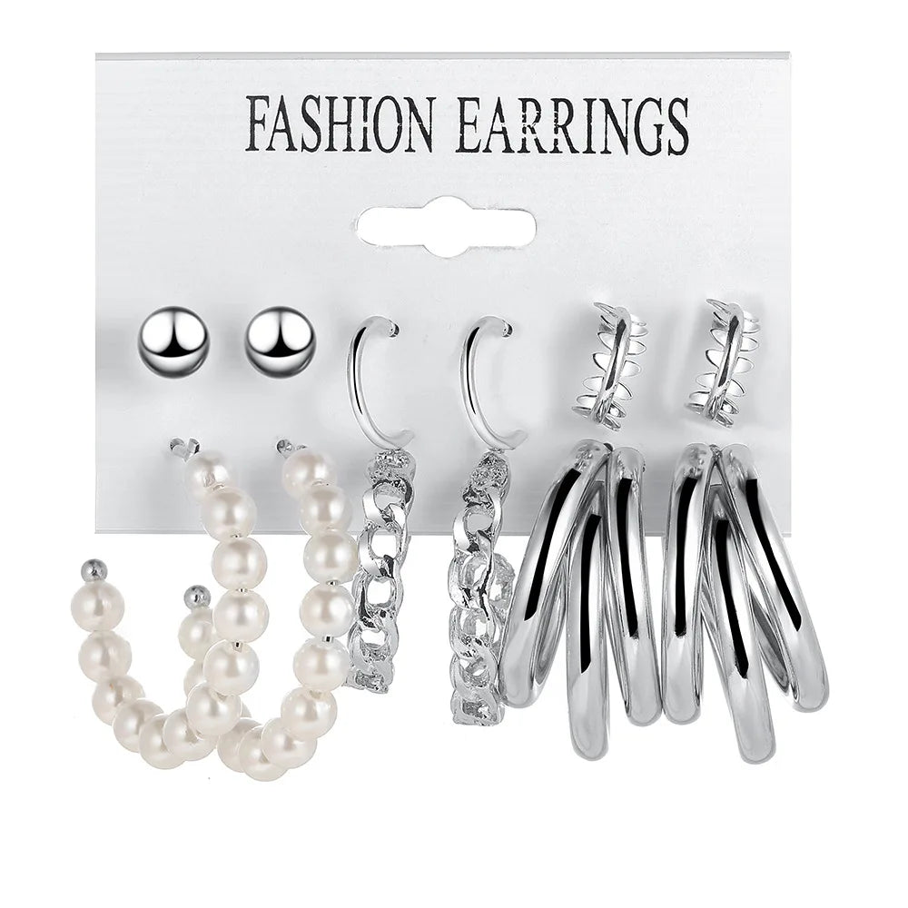 Stylish Boho Earring Set Big Hoops Pearl Square Heart Zircon Design