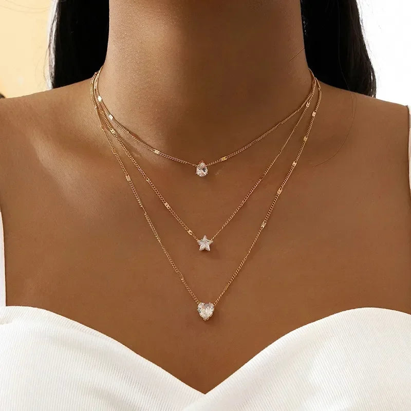 Elegant Layered Necklace Heart Star Zircon Charm Vintage Style