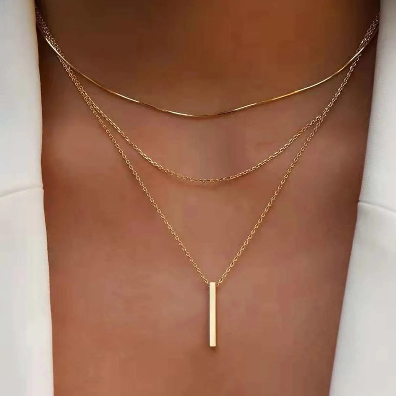 925 Sterling Silver Three Layer Necklace Simple Strip Pendant Women