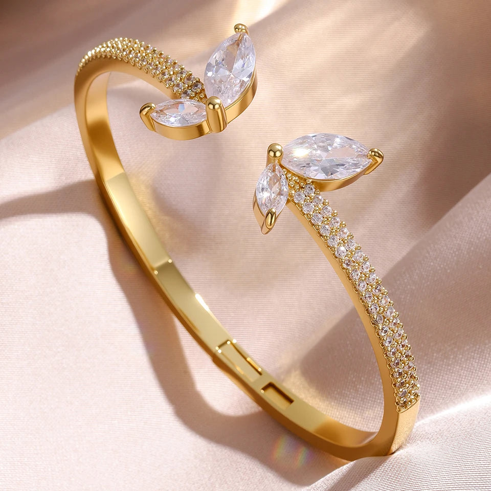 Elegant Gold Color Geometric Bangle with Sparkling Zircon Detail