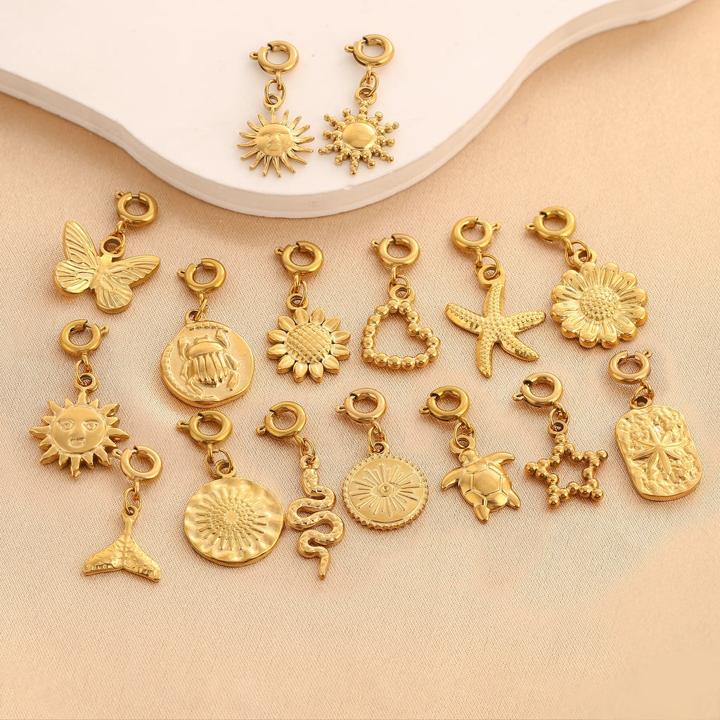 18K Gold Plated Charm Pendants Set Fish Bear Sun Butterfly DIY Jewelry