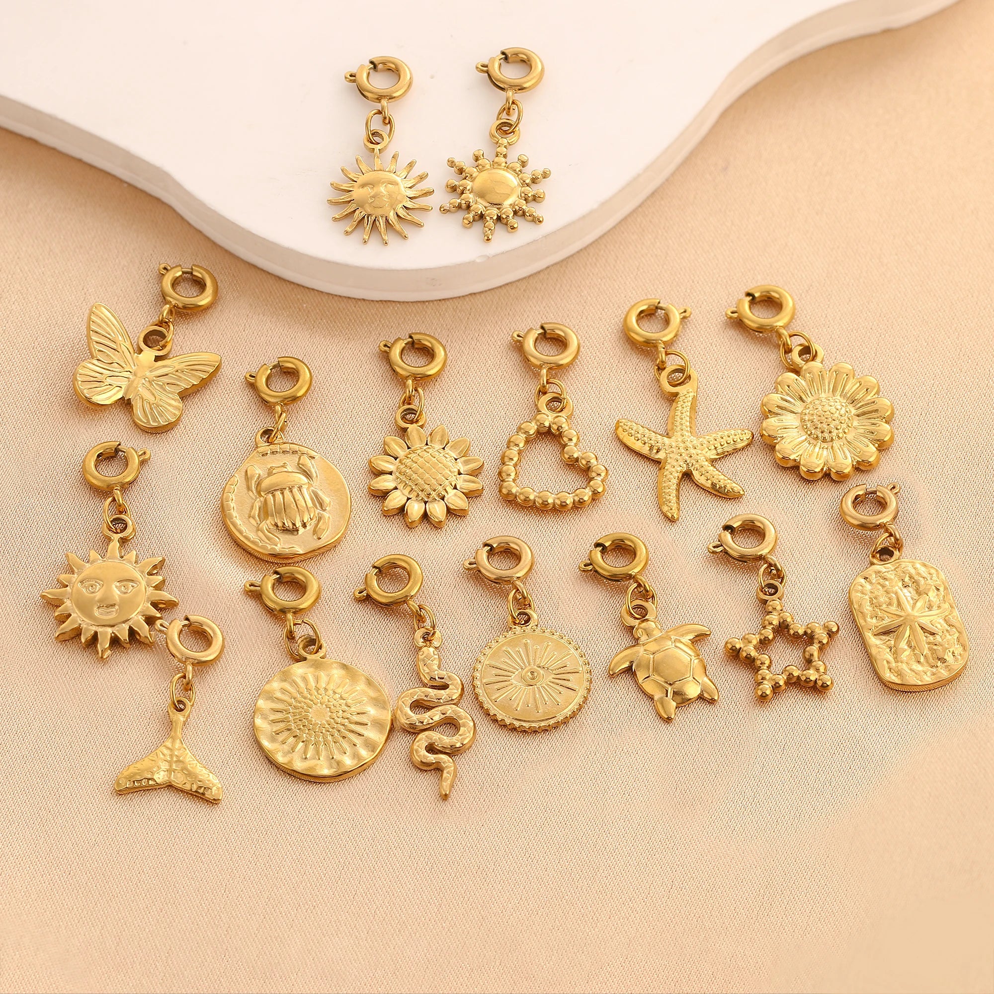 18K Gold Plated Charm Pendants Set Fish Bear Sun Butterfly DIY Jewelry