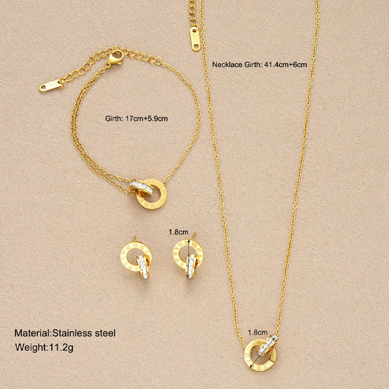 Elegant 4Pcs Jewelry Set Roman Numeral Circle Necklace Bracelet