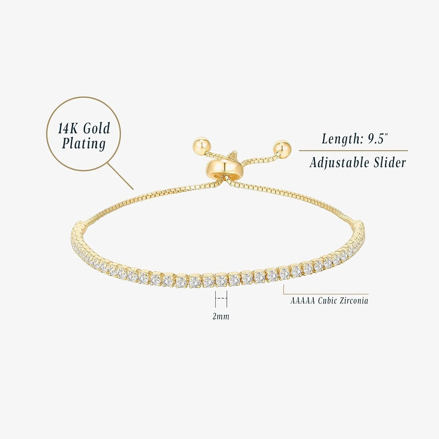 Elegant Gold Tennis Bracelet Cubic Zirconia Adjustable Jewelry