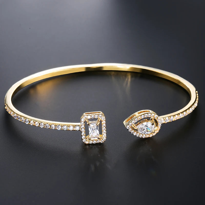 Elegant Gold Color Geometric Bangle with Sparkling Zircon Detail