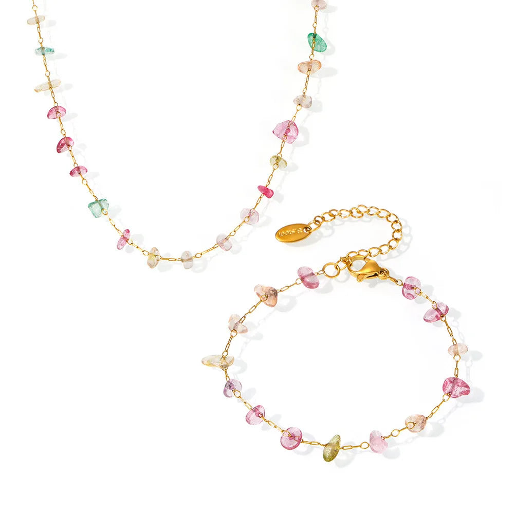 Colorful Crystal Necklace Bracelet Set Gold Plated Boho Jewelry