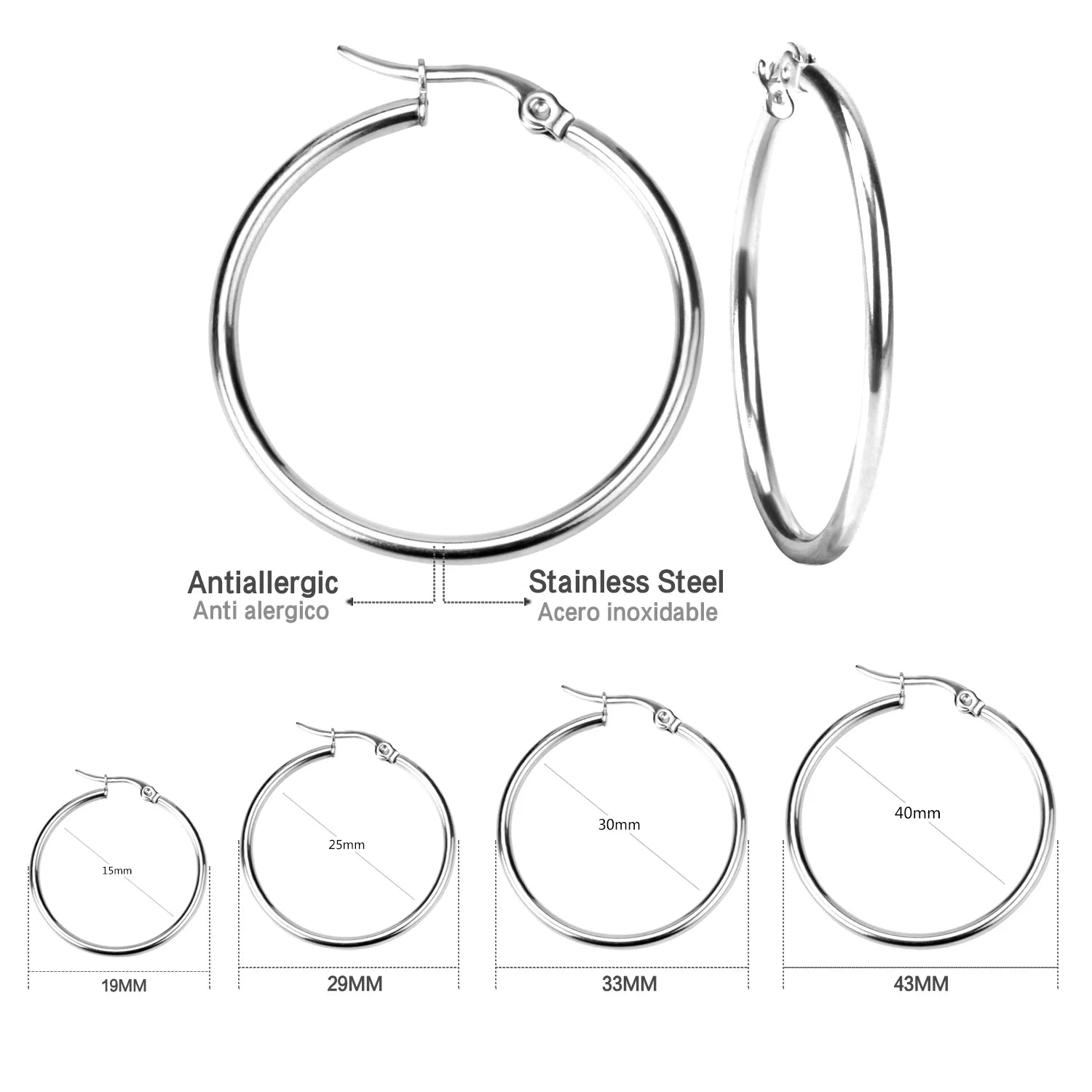 Rose Gold Stainless Steel Hoop Earrings 10-65mm Anti Allergy Women