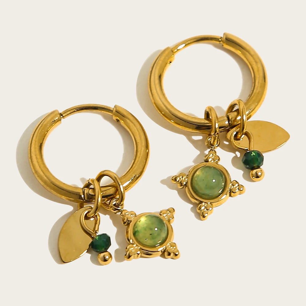 Vintage Green Stone Hoop Earrings 18K Gold Plated Women