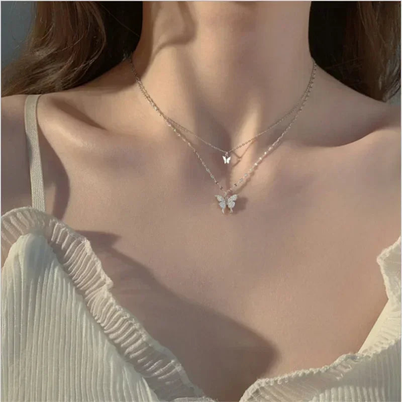 Silver Double Layer Star Moon Necklace Zircon Choker for Women