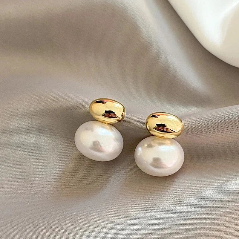 French Gold Bean Pearl Earrings Elegant Korean Style Women Jewelry
