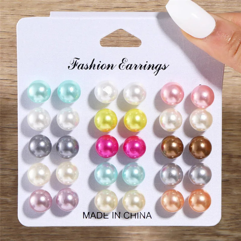 Bohemian Pearl Earrings Set 12 Pairs Geometric Women Jewelry