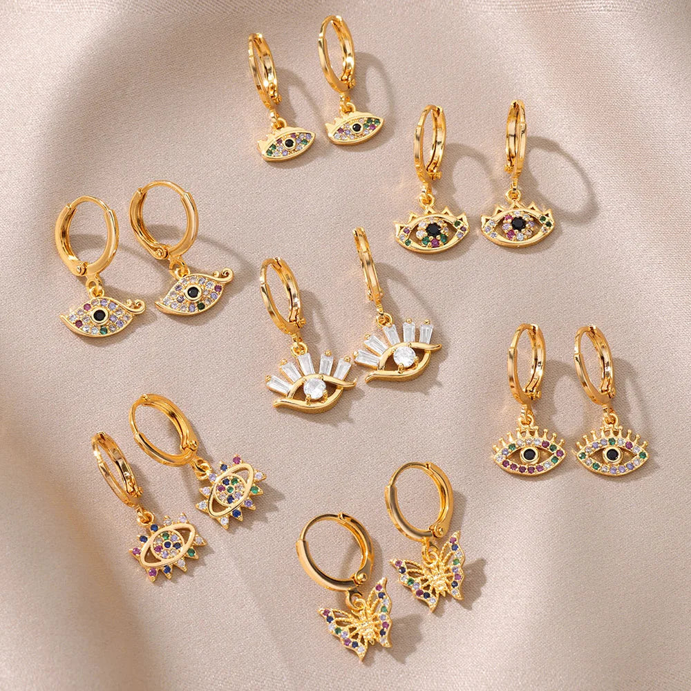 Gold Color Evil Eye Zircon Earrings Stainless Steel Vintage Style