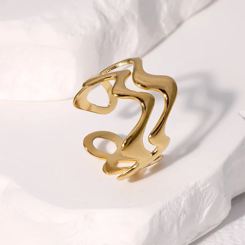Stylish Irregular Wave Ring Adjustable Gold Tone Statement Ring