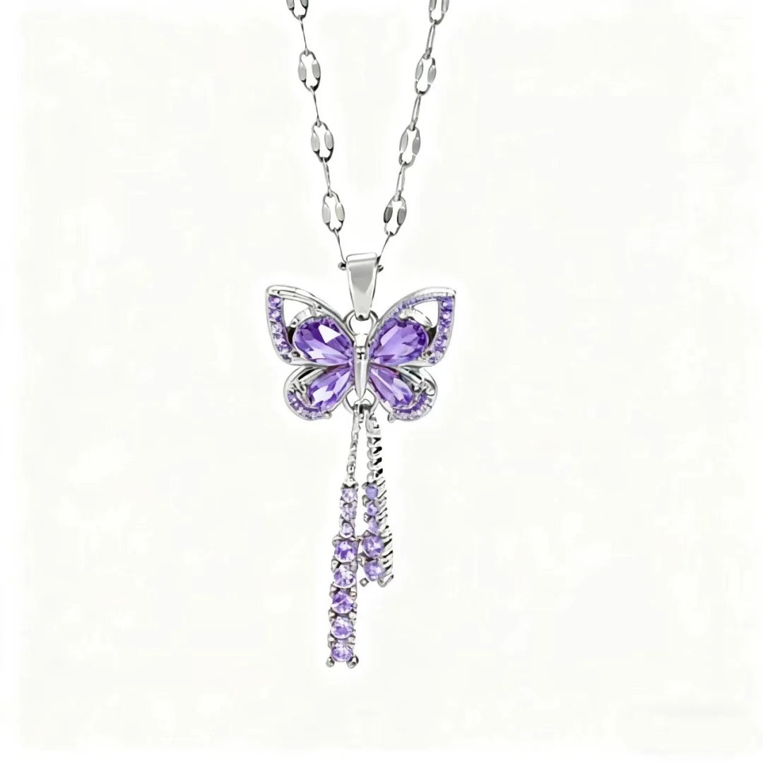 Elegant Butterfly Necklace Zircon Tassel Titanium Steel Women