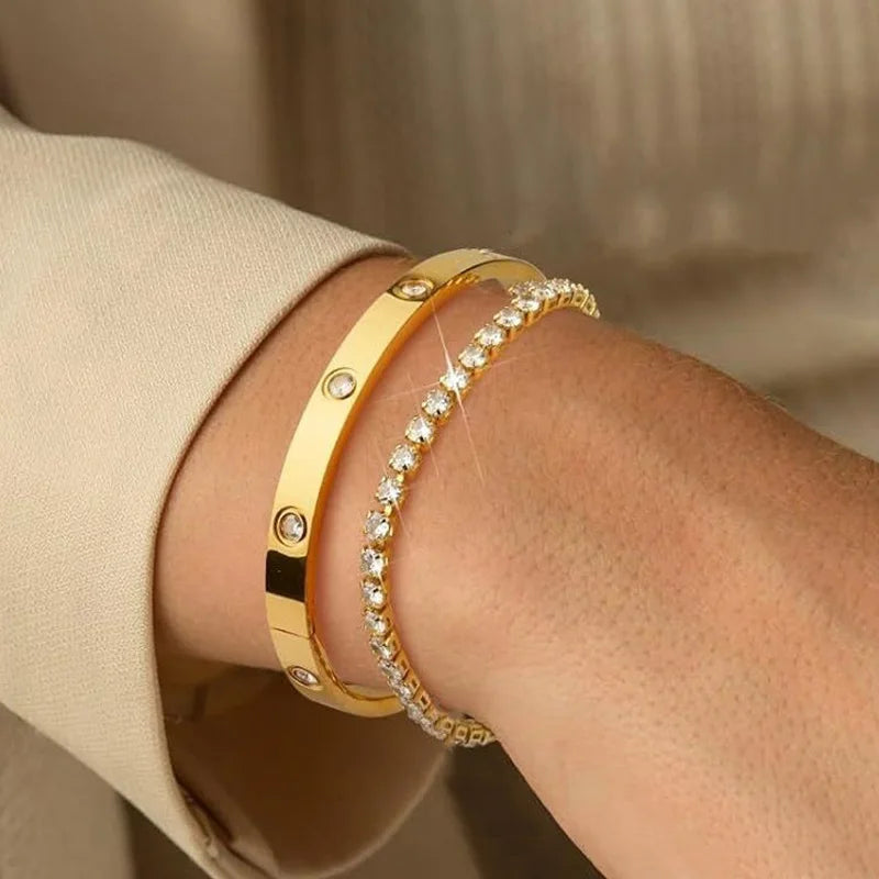 Gold Stainless Steel Tennis Bracelet Matching Bangles Luxury Couple