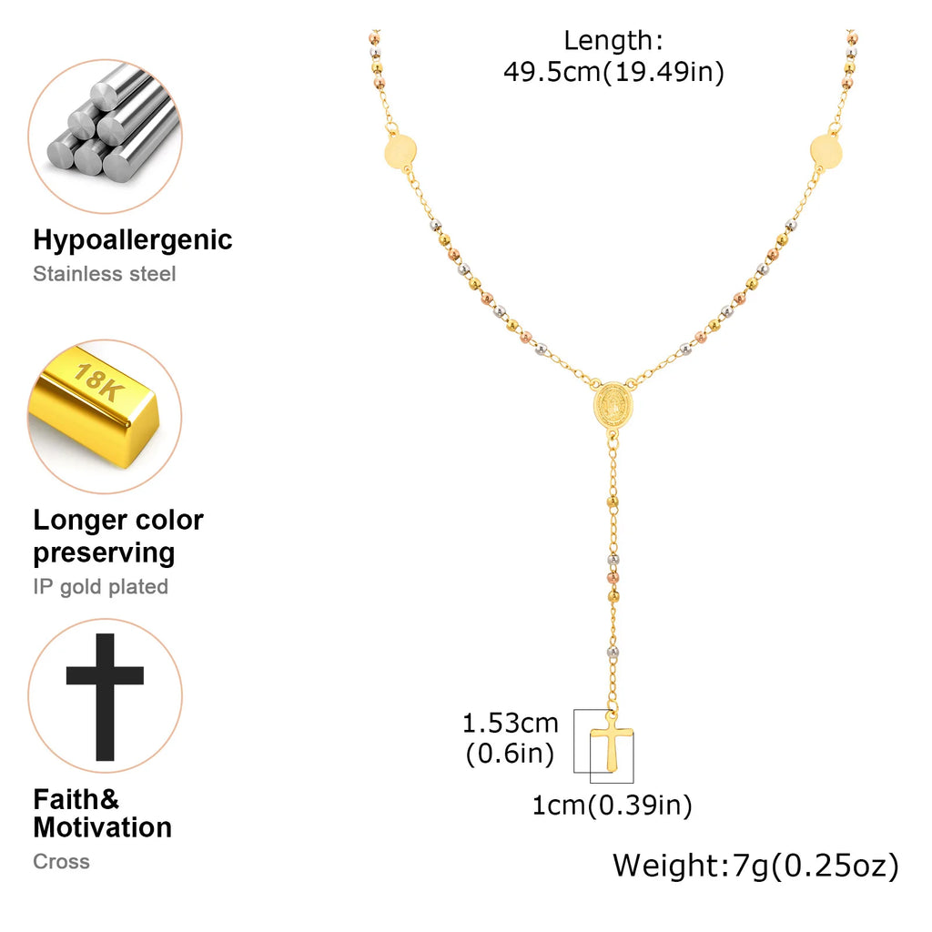 Beaded Rosary Necklace with Cross and Saint Benedict Pendant for Protection