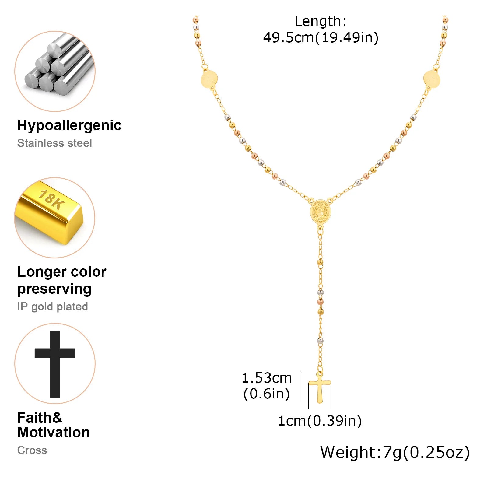 Beaded Rosary Necklace with Cross and Saint Benedict Pendant for Protection