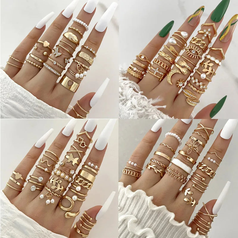 Trendy 21Pcs Gold Ring Set Vintage Geometric Hollow Design Women