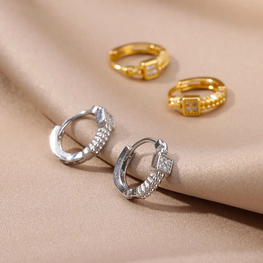 Elegant Small Gold Tone Earrings Square and Round Stainless Steel
