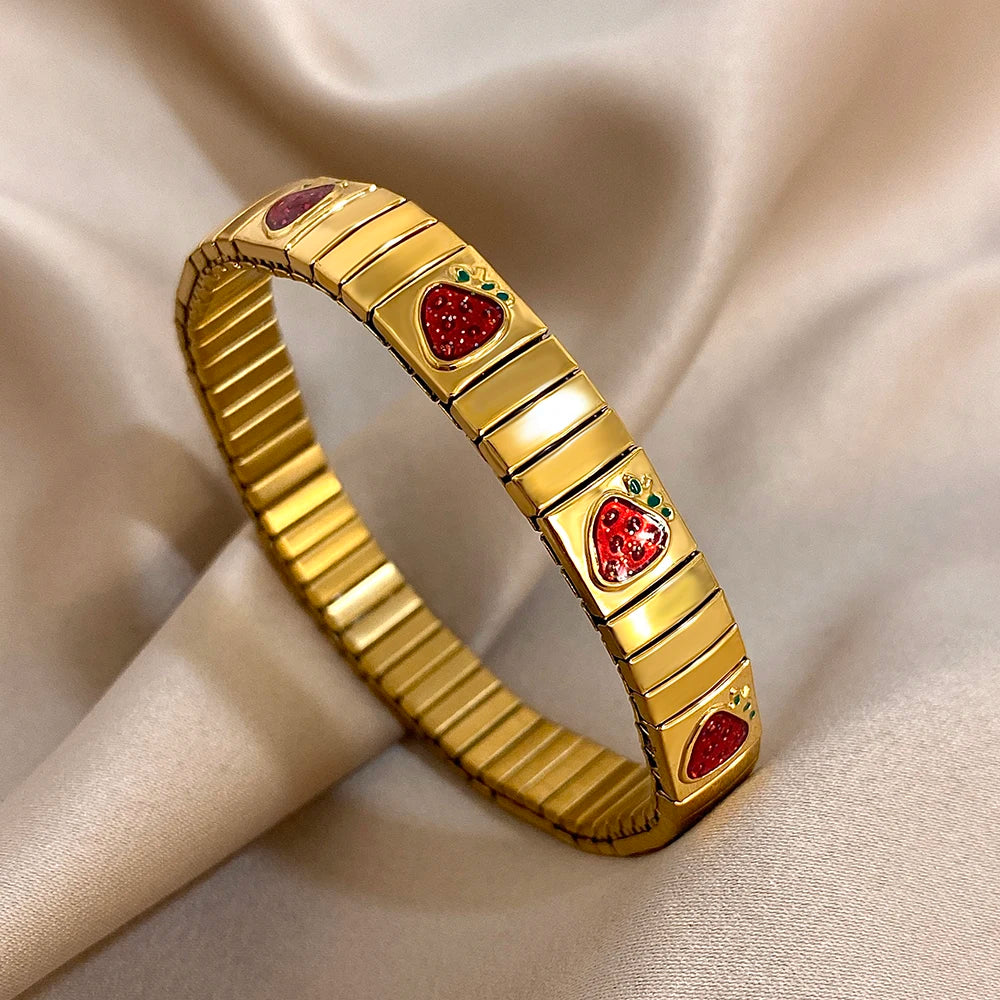 Gold Stainless Steel Strawberry Cherry Elastic Bangle Bracelet Trendy