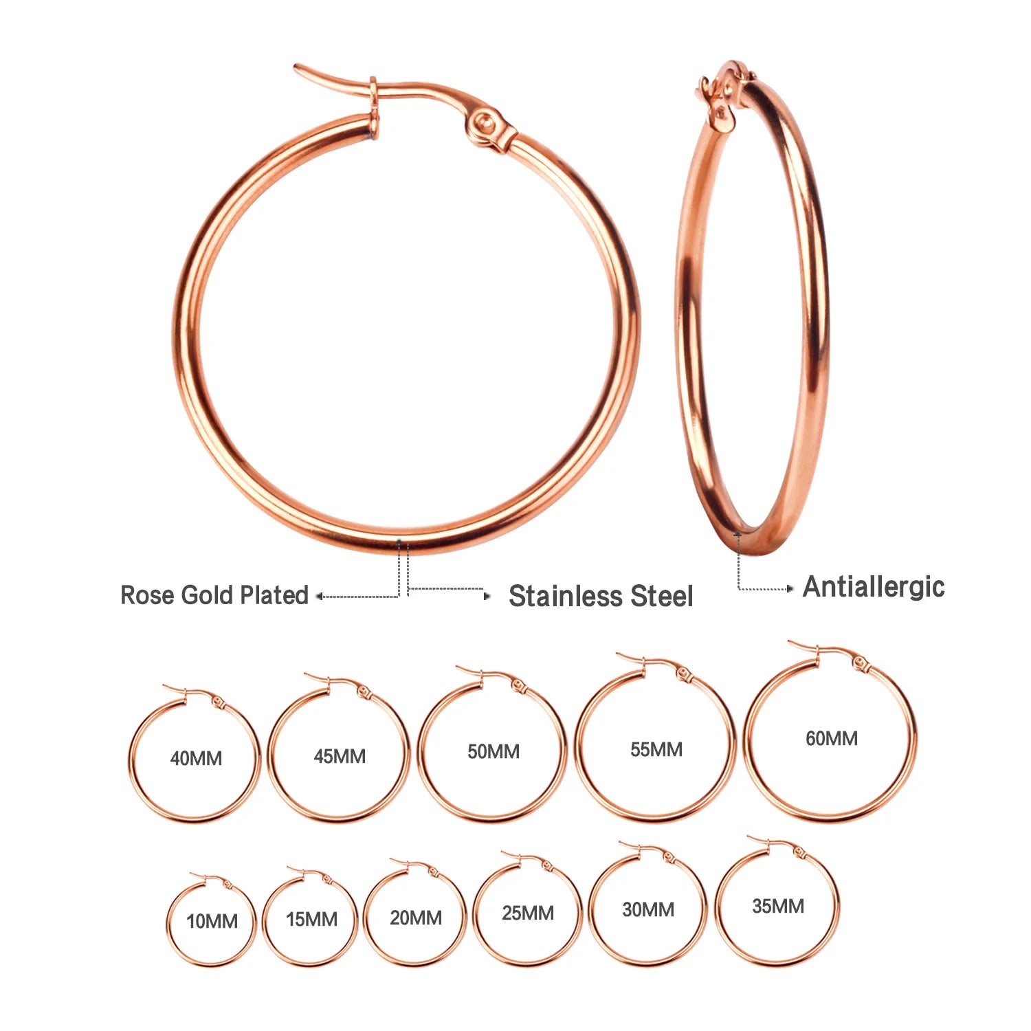 Rose Gold Stainless Steel Hoop Earrings 10-65mm Anti Allergy Women