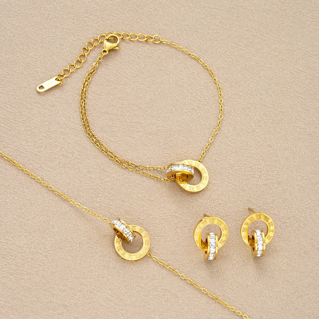 Elegant 4Pcs Jewelry Set Roman Numeral Circle Necklace Bracelet